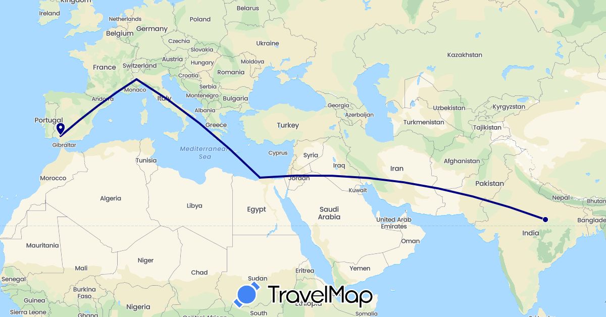 TravelMap itinerary: driving in Egypt, Spain, India, Italy (Africa, Asia, Europe)